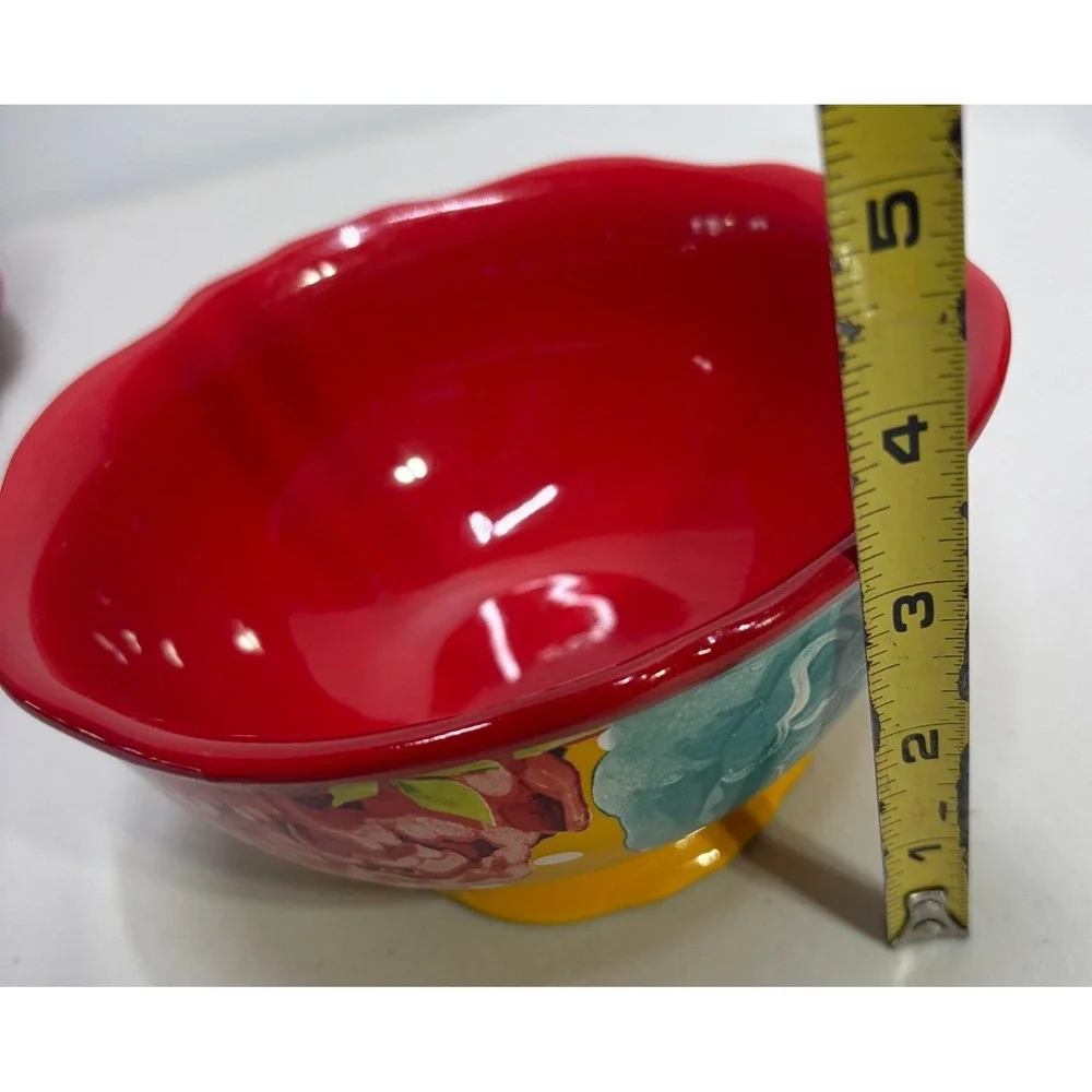 Lot of 4 The Pioneer Woman Blossom Jubilee Footed Stoneware Bowl Yellow Red  6in